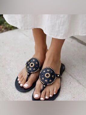 Jack Rogers Black and Gold Leather Circular Medallion Thong Sandals